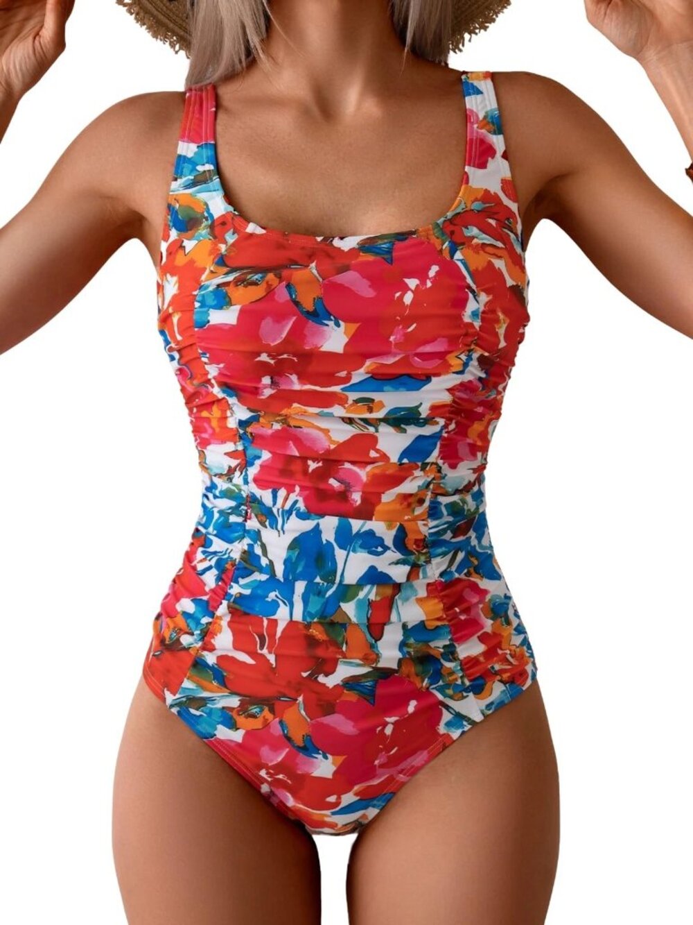 B2PRITY PINK RED WHITE FLORAL RUCHED CUTOUT ONE PIECE SWIMSUIT SIZE XL NWT
